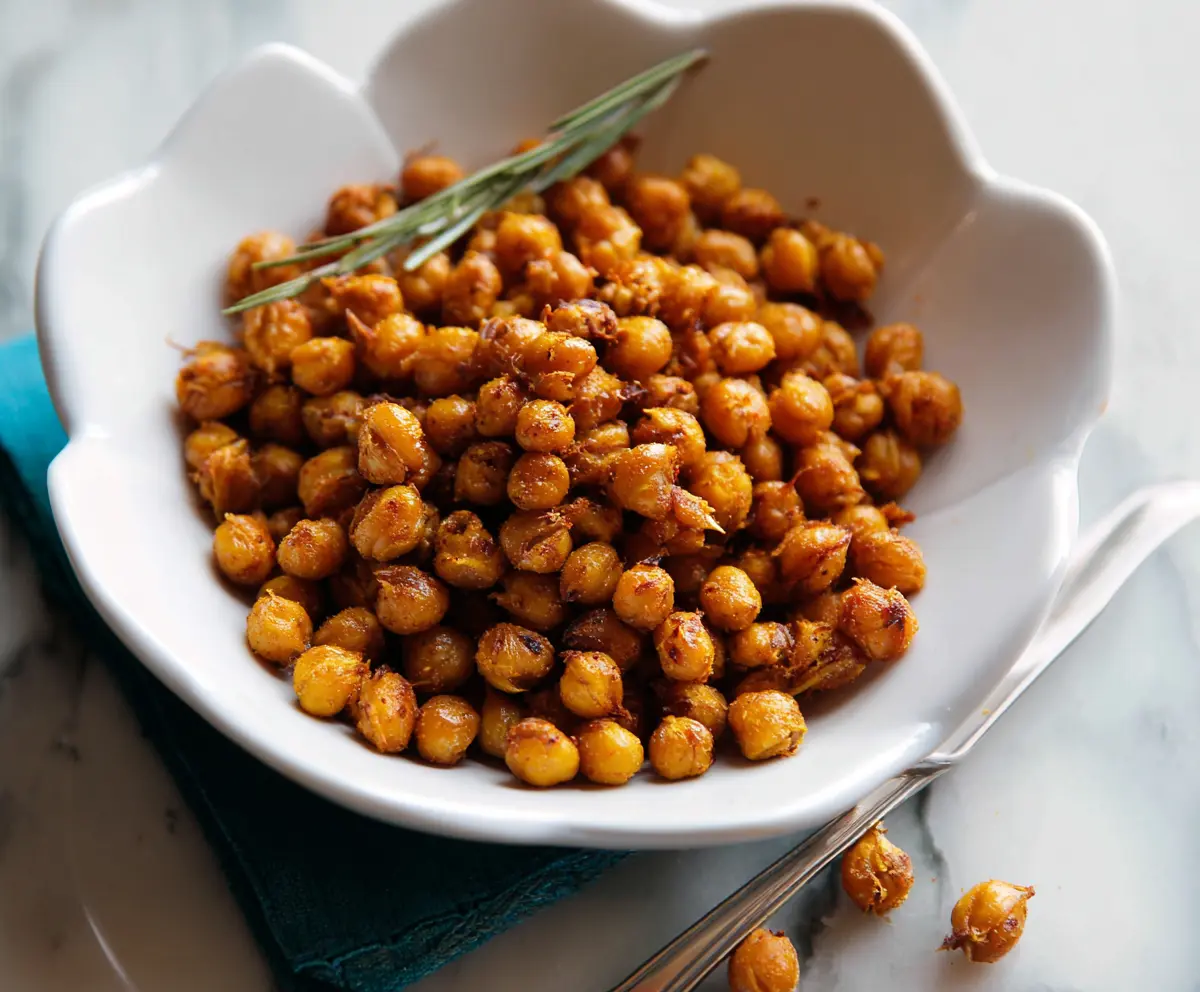 Crispy roasted chickpeas seasoned with spices, perfect for a healthy snack.
