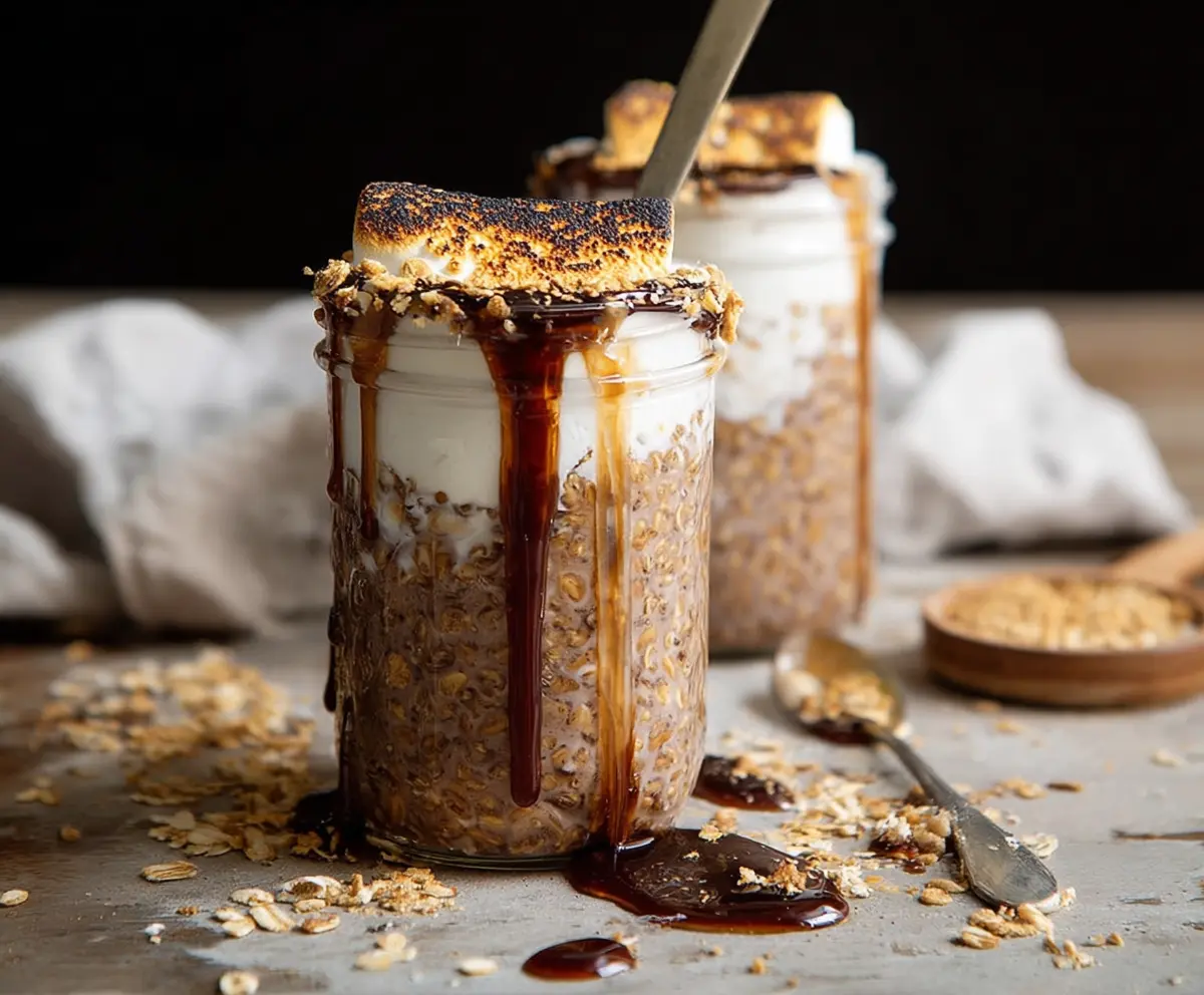 Delicious S’mores Overnight Oats topped with marshmallows and chocolate for a sweet breakfast treat.