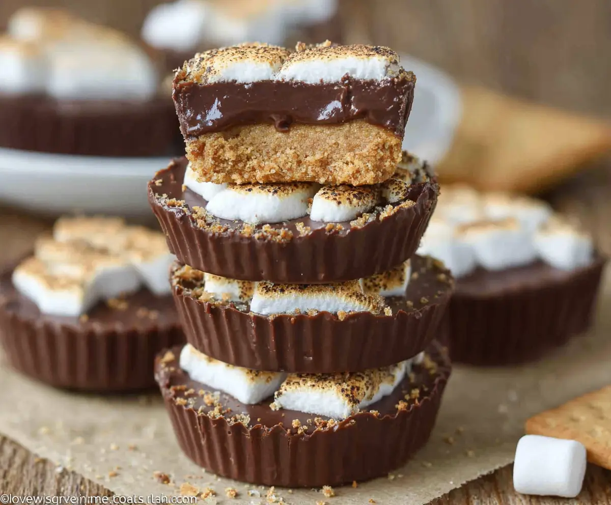 Delicious S'mores Peanut Butter Cups with crispy graham cracker crust and melted chocolate topping.