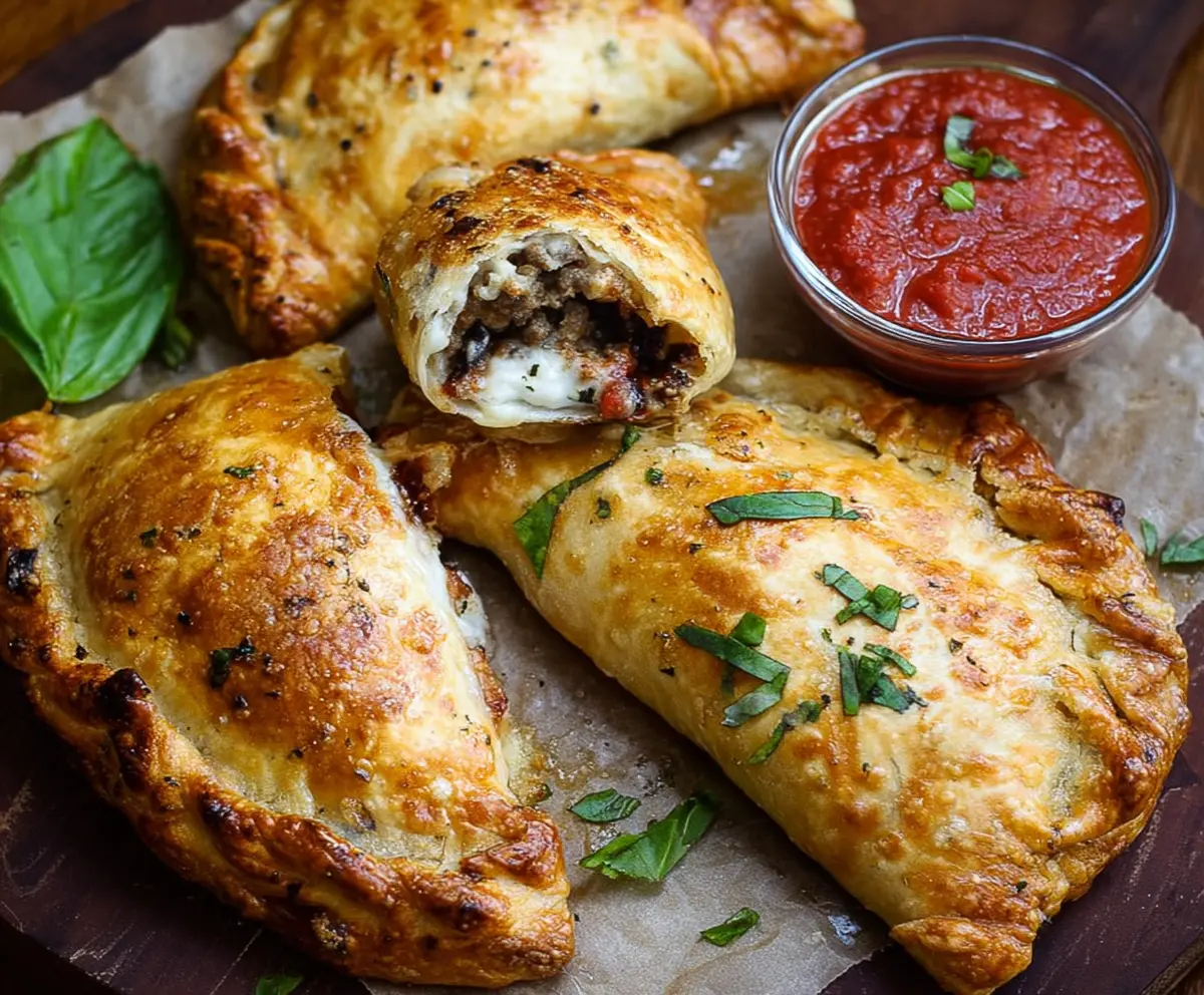 Delicious homemade sausage calzones with melted cheese and golden crust, perfect for a hearty snack.