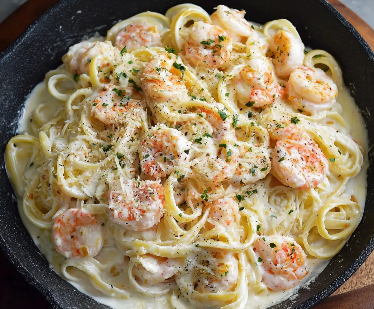 Creamy seafood Alfredo pasta with shrimp and scallops served on a white plate.