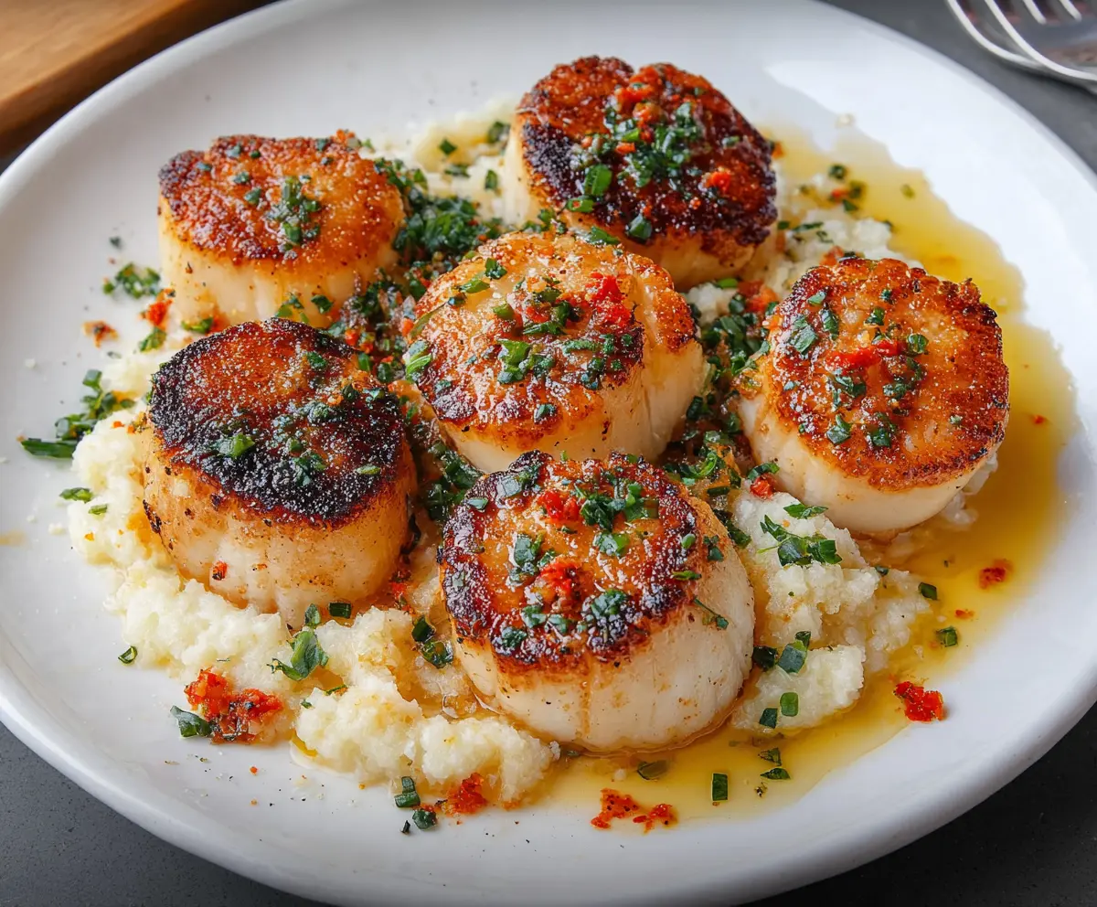 Delicious seared scallops served on a white plate with a lemon wedge garnish.