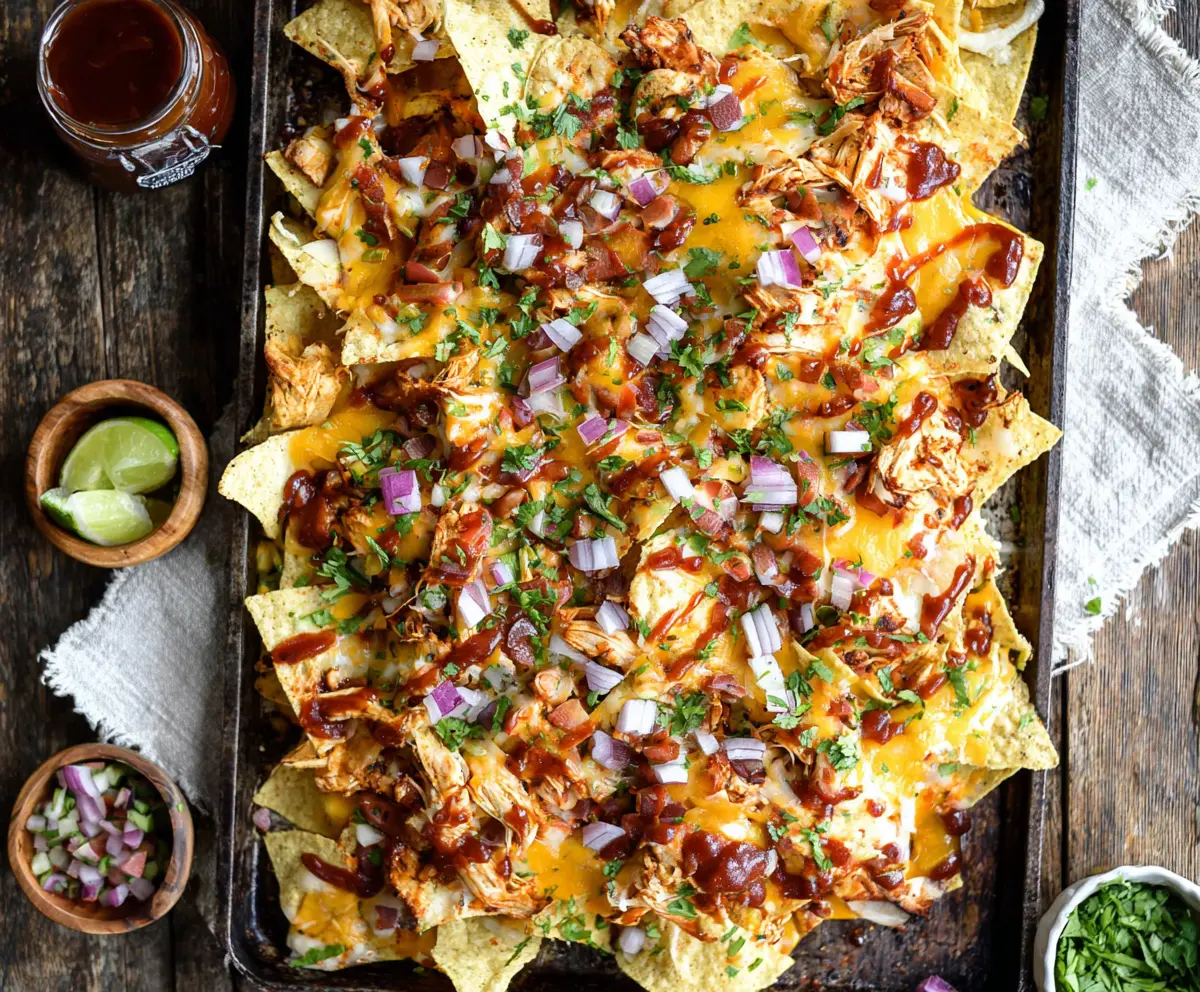 Delicious sheet pan BBQ chicken nachos topped with cheese and fresh ingredients.