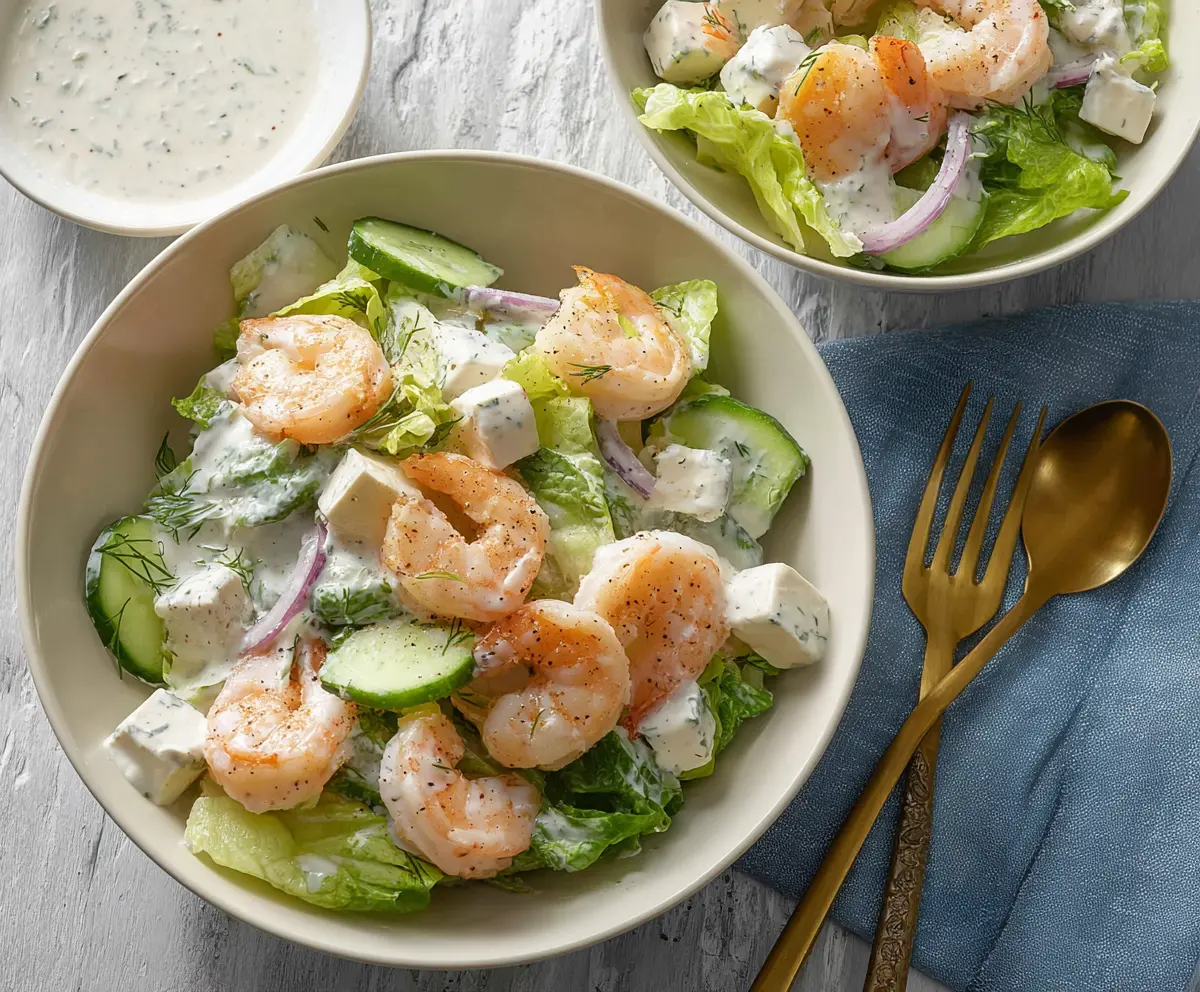 Fresh shrimp salad with creamy yogurt dressing on a white plate, garnished with herbs.