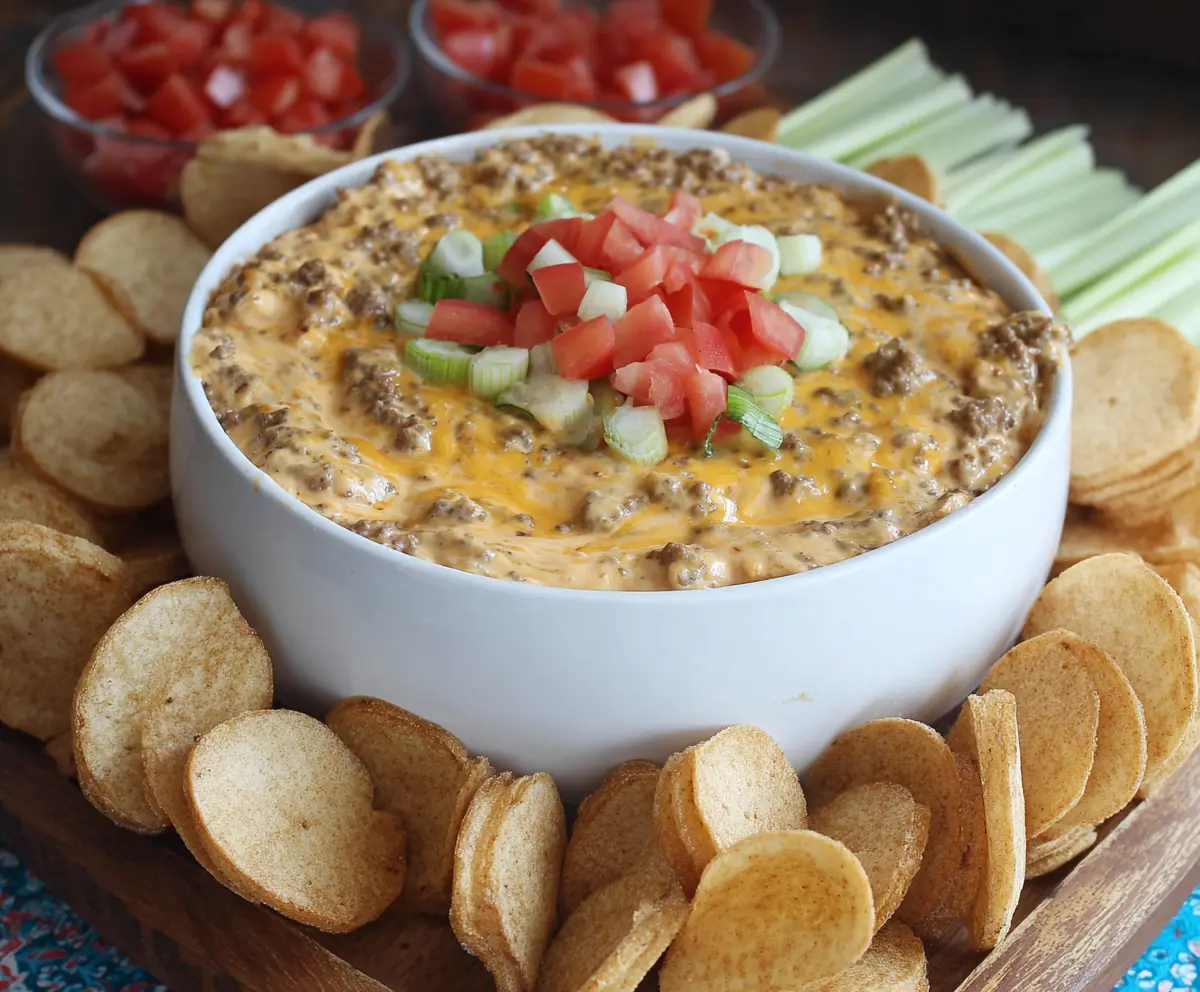Delicious Slow Cooker Big Mac Dip with melted cheese and savory beef served in a bowl.