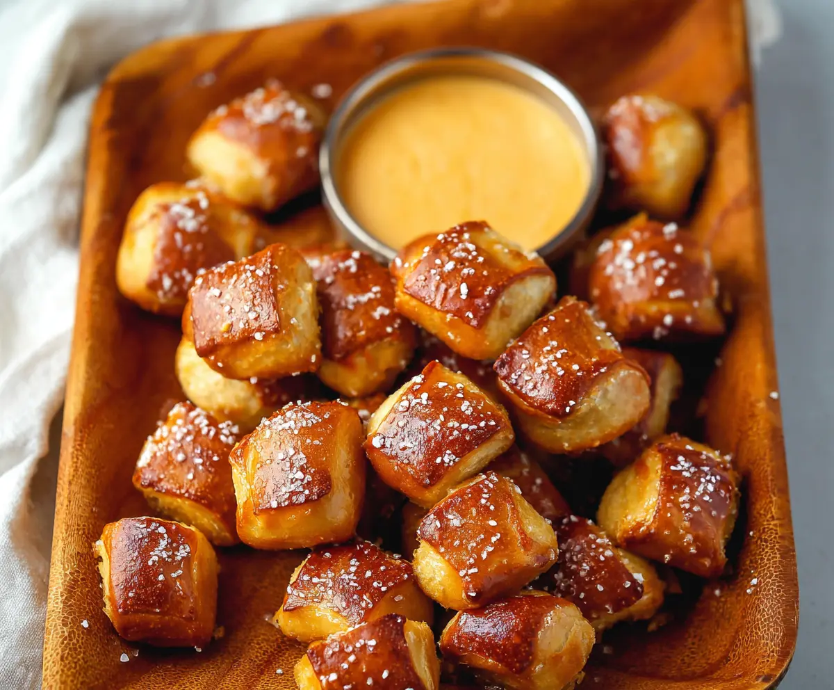 Delicious homemade soft pretzel bites on a rustic wooden surface, perfectly golden and chewy.
