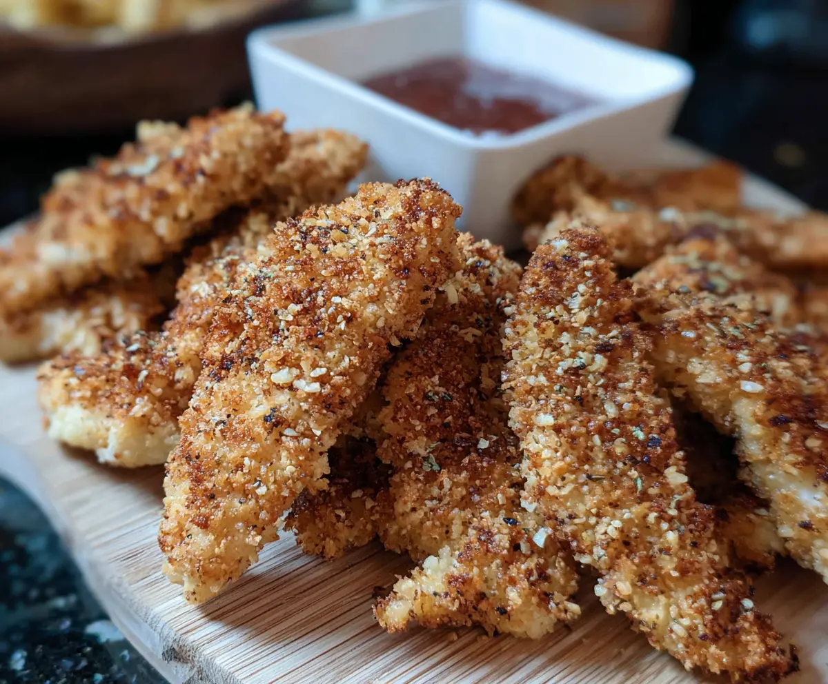Delicious homemade sourdough discard chicken strips crispy and golden on a plate.