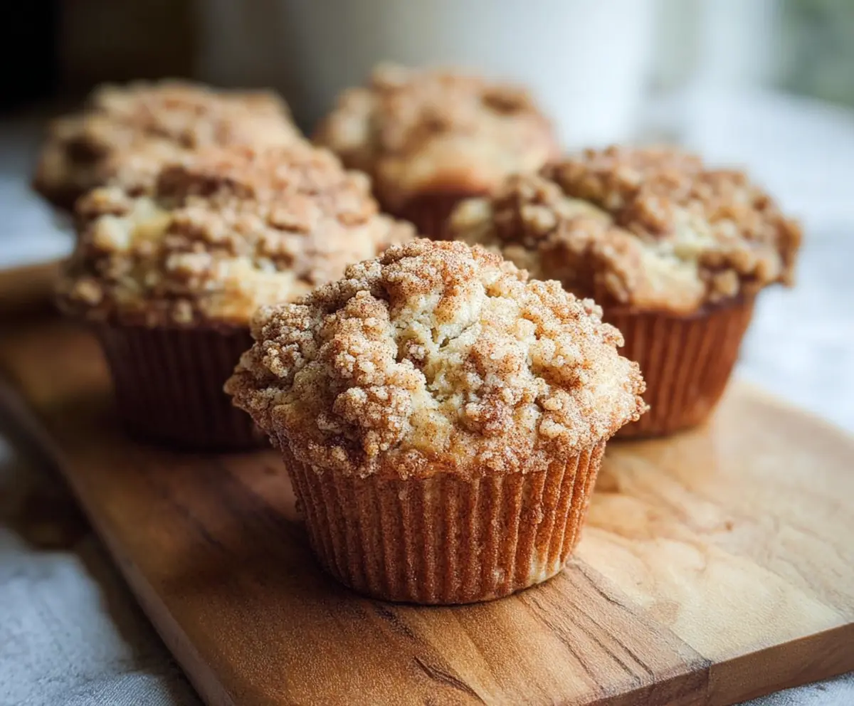 Delicious sourdough discard cinnamon streusel muffins on a baking tray.