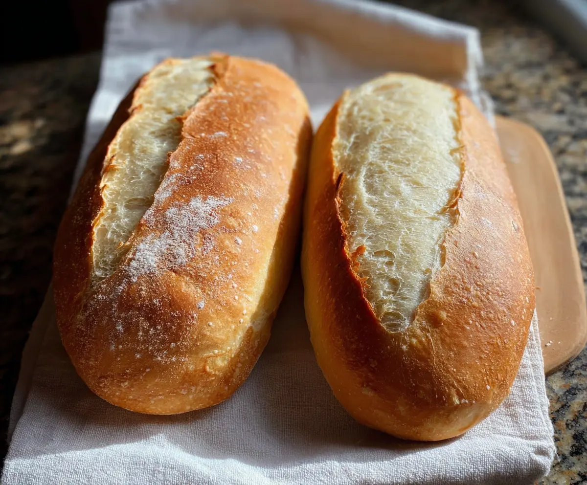 Golden-brown sourdough discard French bread fresh out of the oven, showcasing a crusty exterior and airy interior.