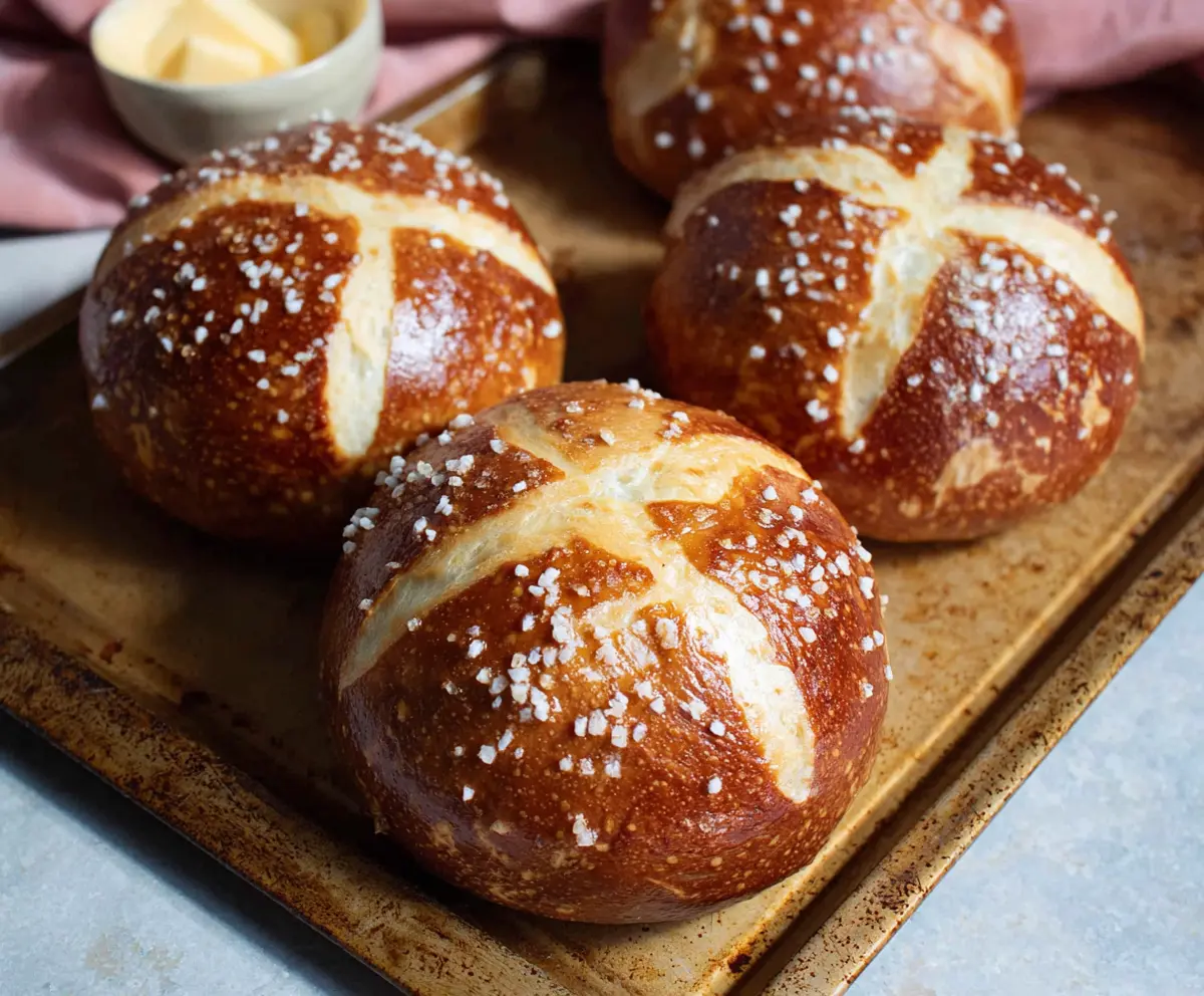 Golden brown sourdough discard pretzel buns fresh out of the oven on a baking sheet.