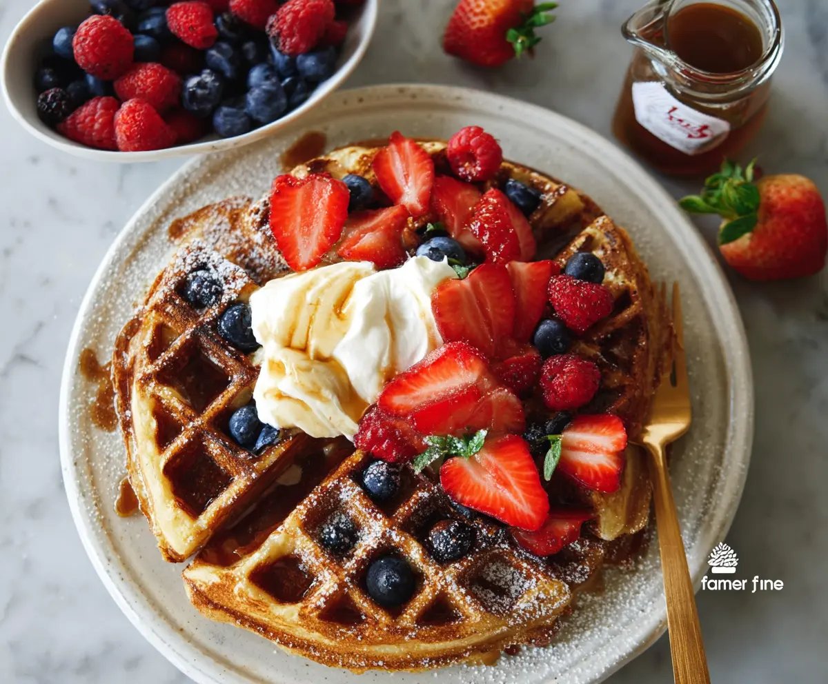 Delicious homemade sourdough discard waffles topped with fresh fruit and syrup.
