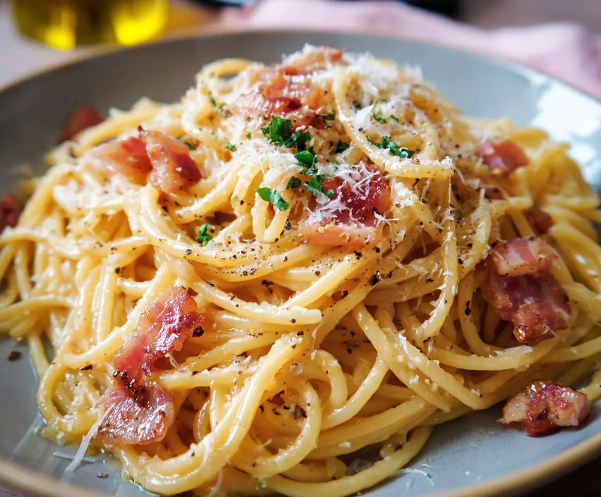 Delicious Spaghetti Alla Carbonara with creamy sauce, crispy pancetta, and grated cheese on a white plate.