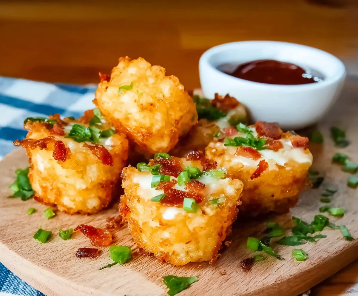 Delicious crispy Tater Tot Bites served with dipping sauce, perfect for snack or appetizer.