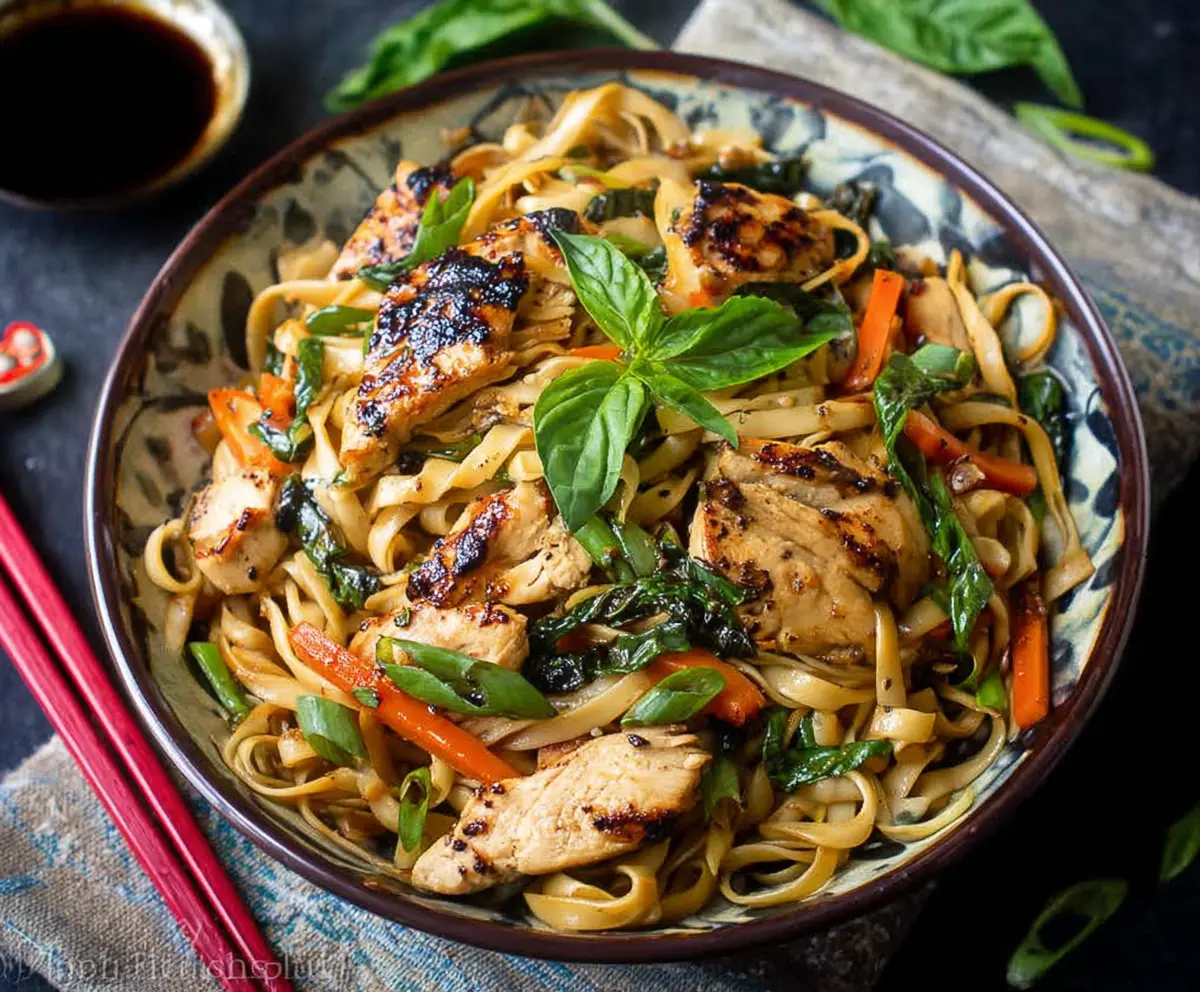 Delicious Thai Basil Chicken Noodles with fresh herbs and flavorful sauce