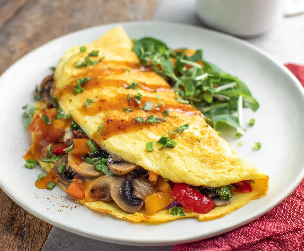 Colorful veggie omelet with bell peppers, spinach, and onions on a plate.