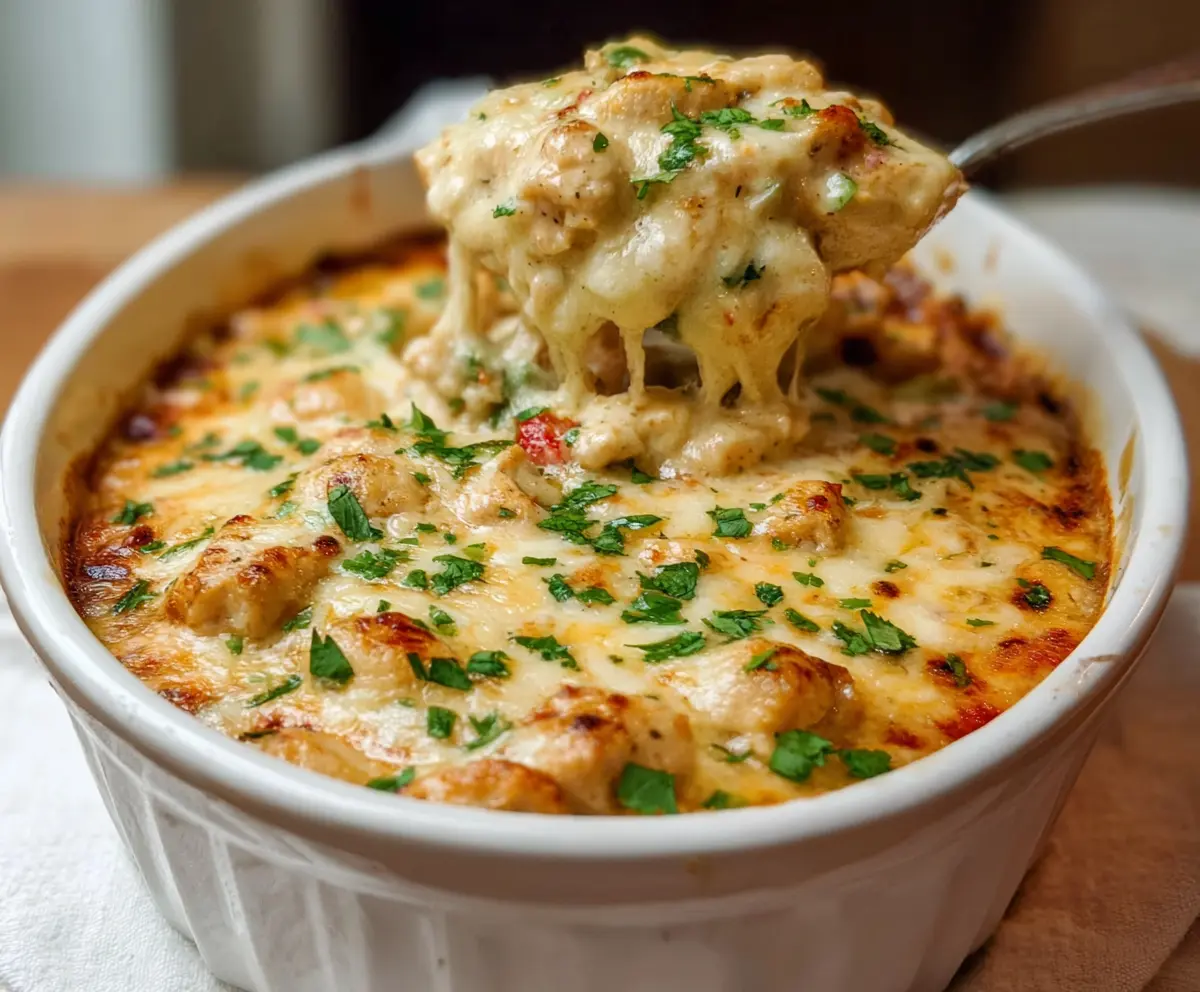 Delicious White Chicken Chili Cottage Cheese Winter Bake served in a baking dish with melted cheese and herbs.