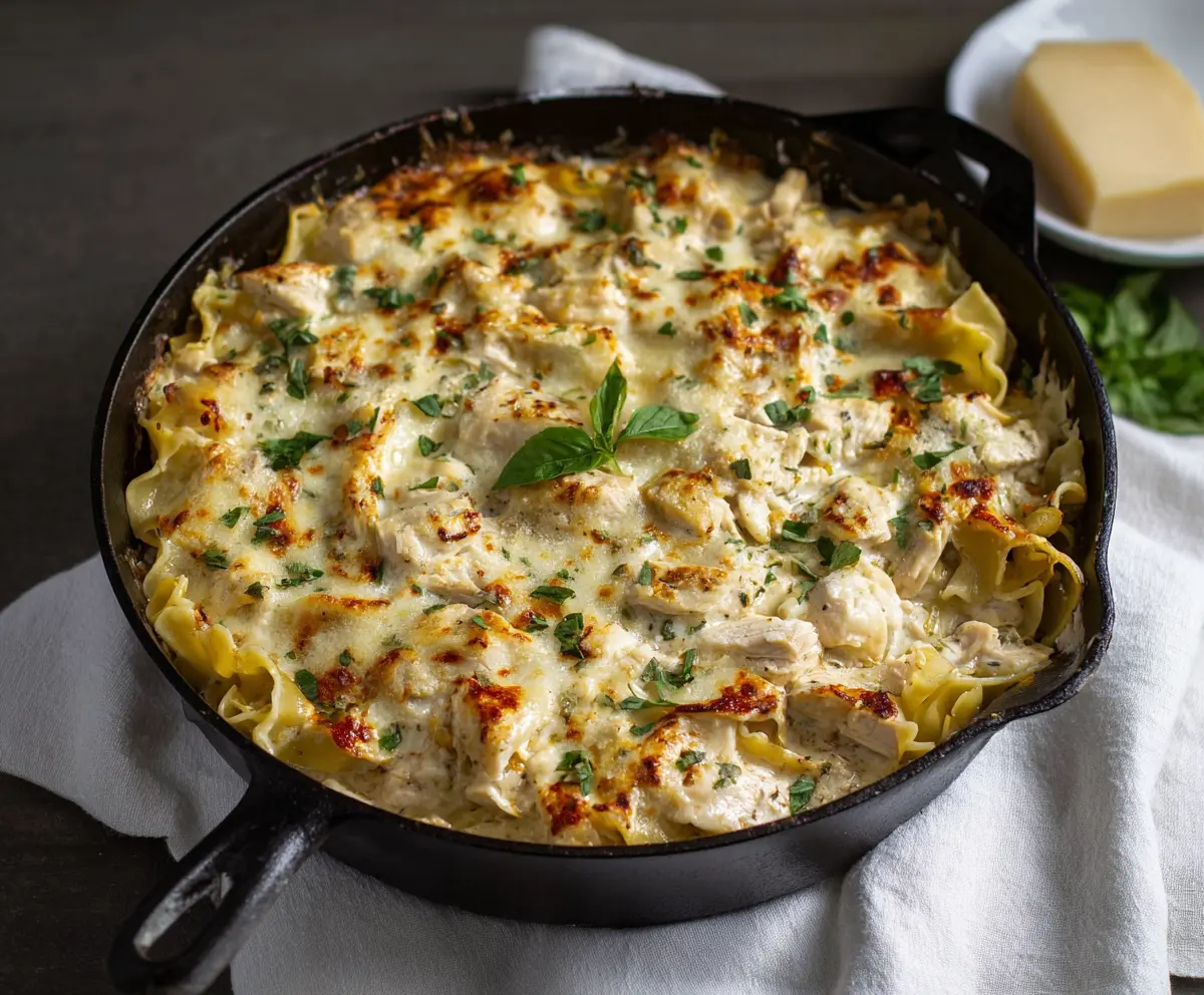 Delicious white chicken skillet lasagna with creamy cheese and tender chicken in a hot skillet.