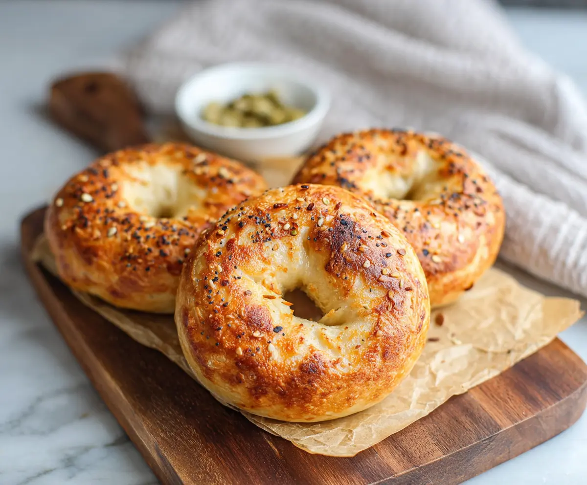 Delicious homemade Greek yogurt bagels with only three simple ingredients on a rustic wooden table.