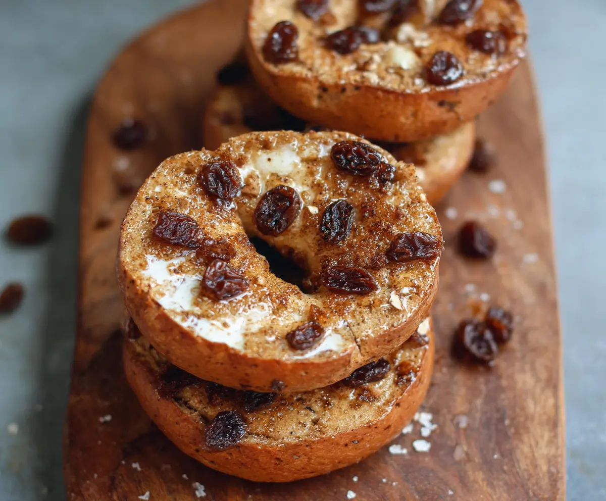 Delicious homemade cinnamon raisin Greek yogurt bagels on a plate ready to serve.