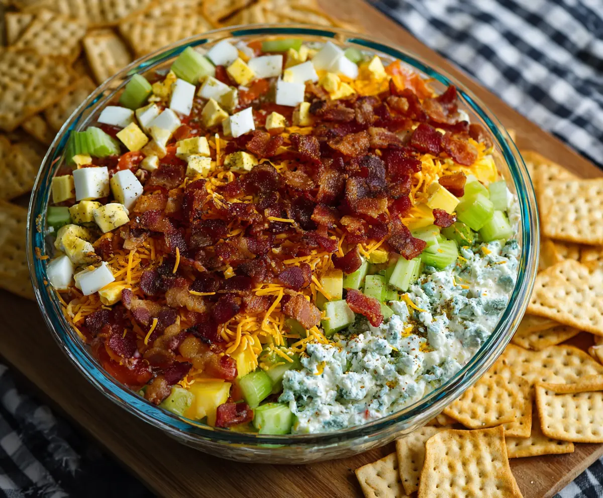 Colorful 7 Layer Cobb Salad Dip in a clear glass dish, showcasing layers of vegetables, cheese, and bacon for a delicious appetizer.
