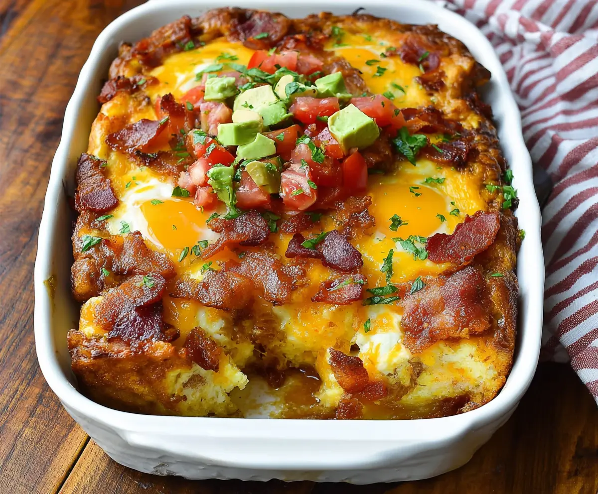 Delicious Bacon Breakfast Casserole with eggs, cheese, and crispy bacon pieces for a hearty morning meal