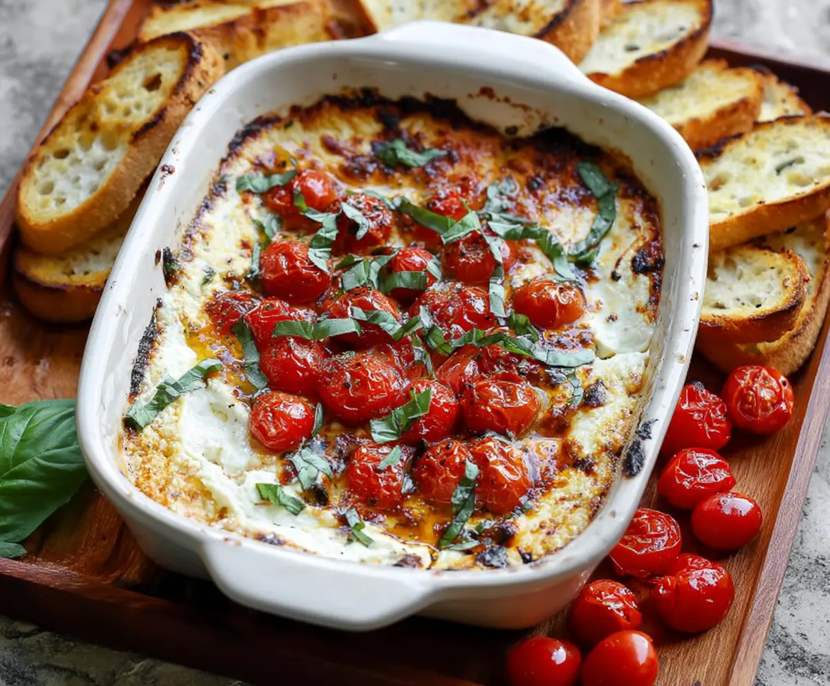 Delicious Baked Goat Cheese Bruschetta Dip served with crispy toasted bread slices