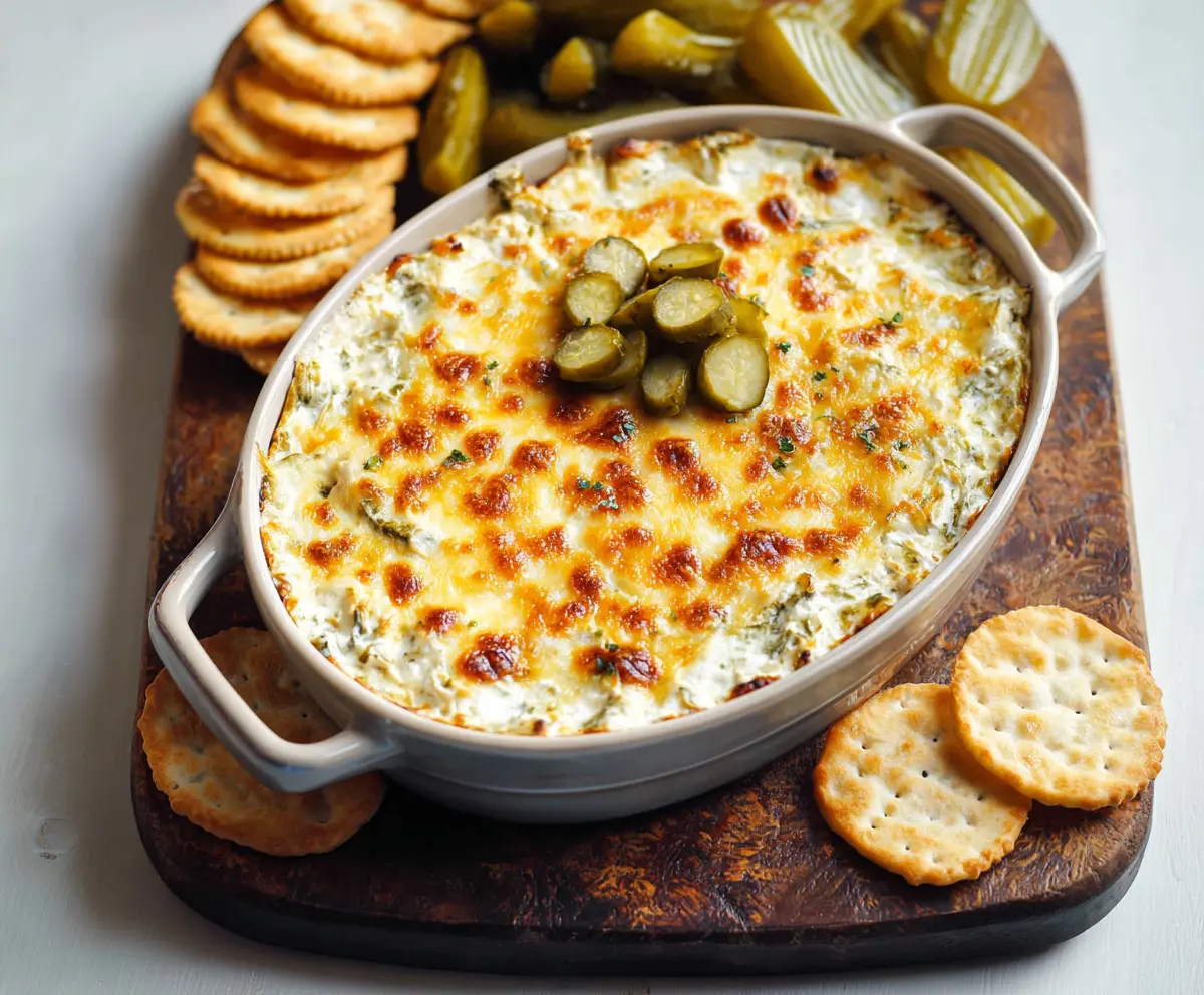 Creamy baked pickle dip served in a bowl with crispy chips on a wooden table.