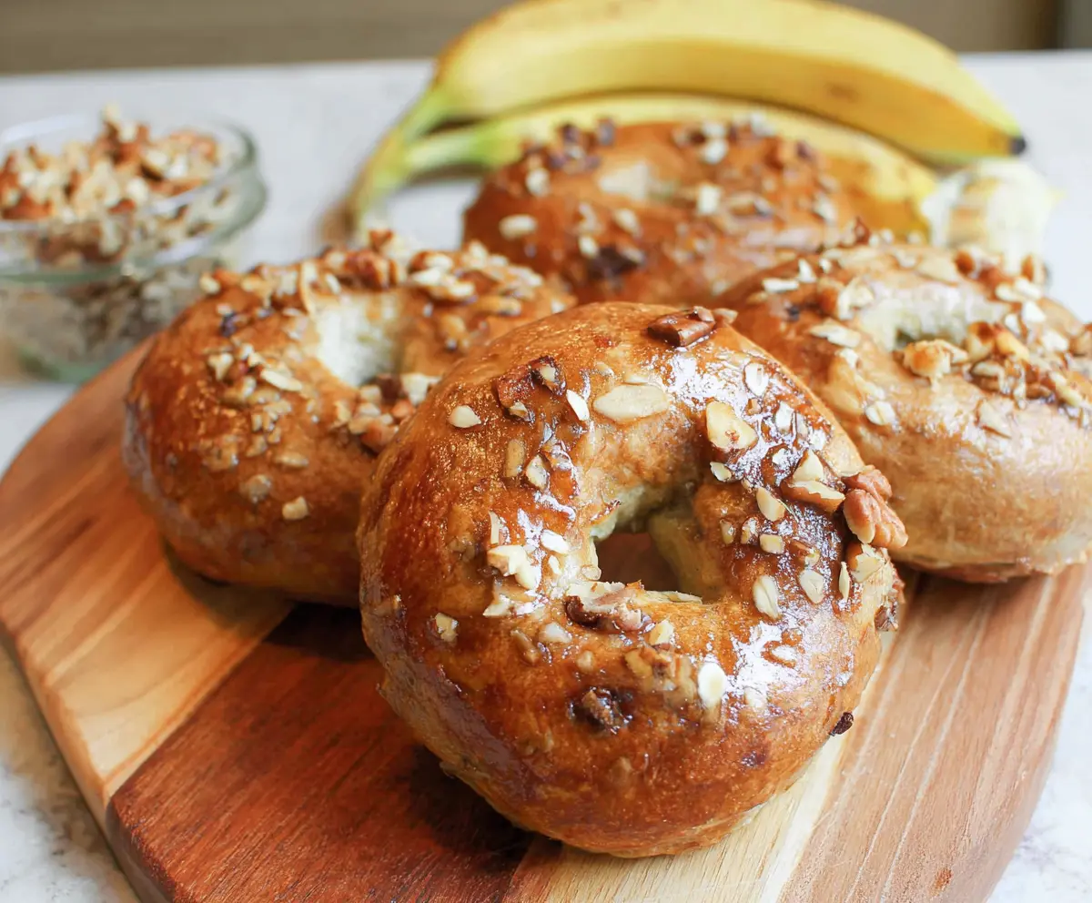 Fresh banana nut bagels with toasted surface and crunchy texture, ideal for breakfast or snack.