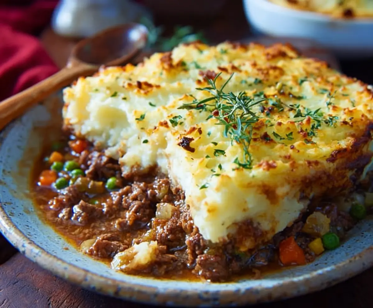 Delicious Beef Shepherd's Pie featuring seasoned ground beef and mashed potatoes topping a savory casserole.