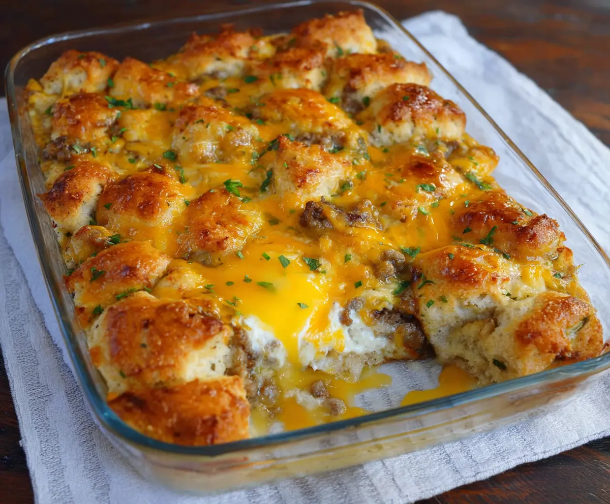 Delicious Biscuits and Gravy Breakfast Casserole topped with crispy bacon and fresh herbs.