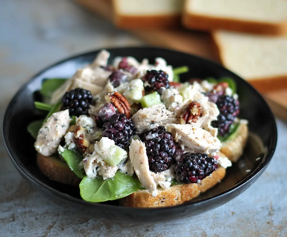 Delicious Blackberry Cottage Cheese Chicken Salad served in a bowl with fresh blackberries and greens.