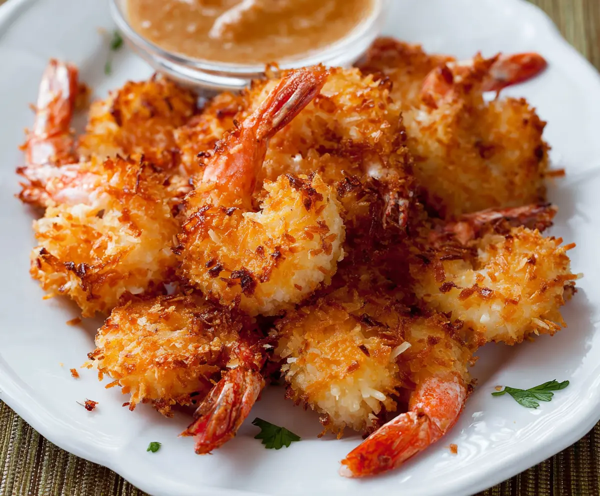 Crispy breaded coconut shrimp served on a white plate with a dipping sauce
