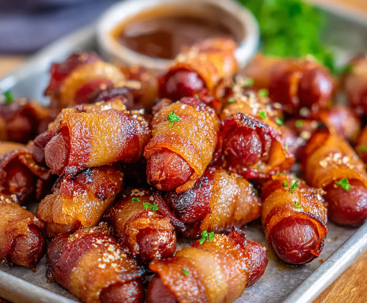 Delicious Brown Sugar Bacon Little Smokies appetizer with crispy bacon wrapped around mini sausages and a sweet glaze.