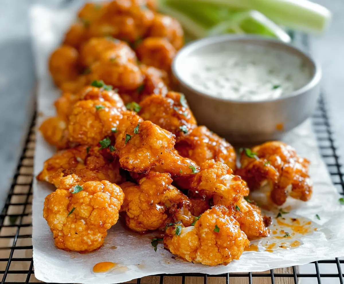 Spicy Buffalo Cauliflower Wings served with celery sticks and blue cheese dressing.