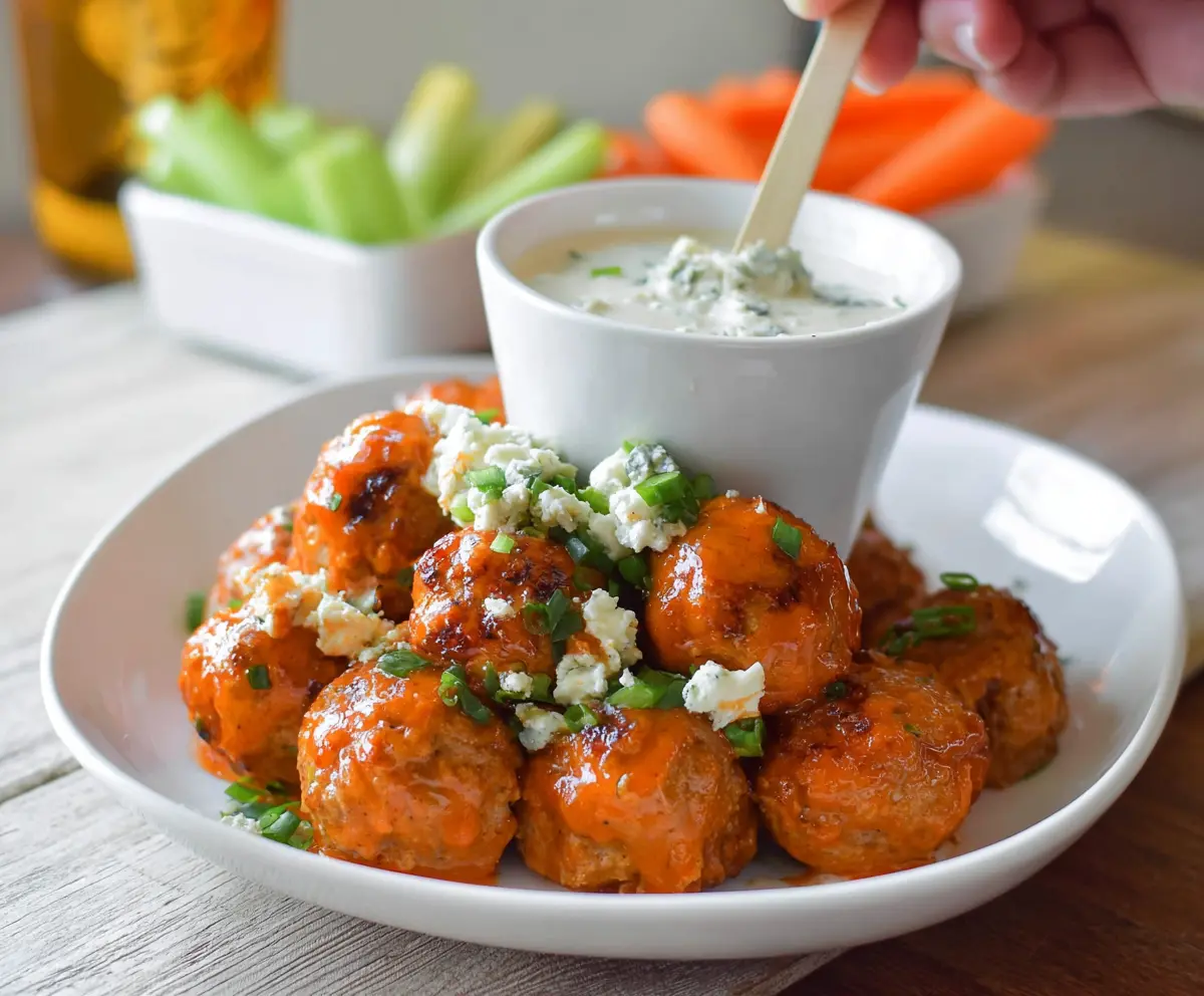 Delicious buffalo chicken meatballs served with a creamy bleu cheese dip, perfect for appetizer parties.