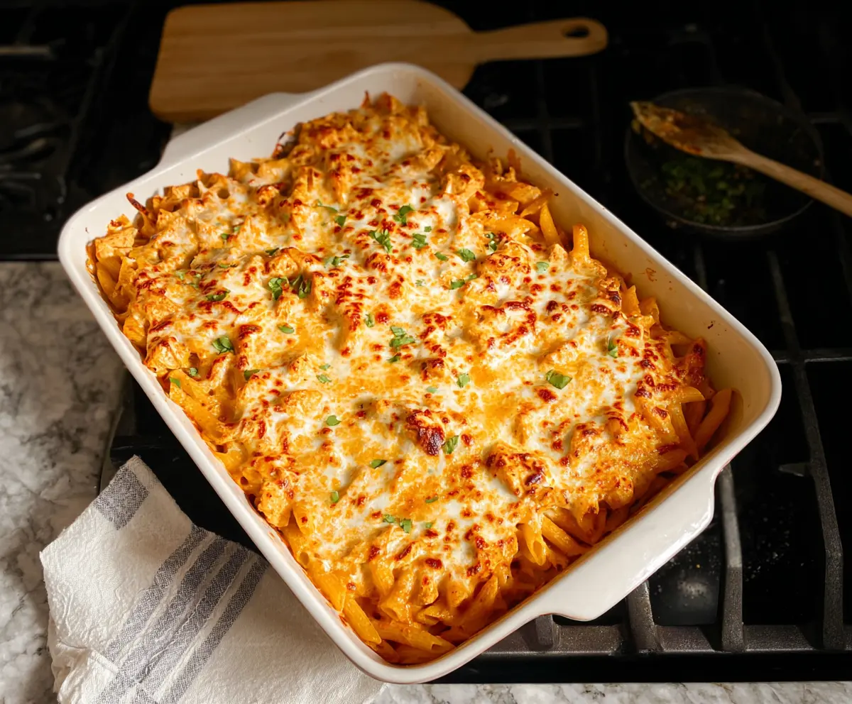 Delicious Buffalo Chicken Pasta Bake topped with melted cheese and green herbs