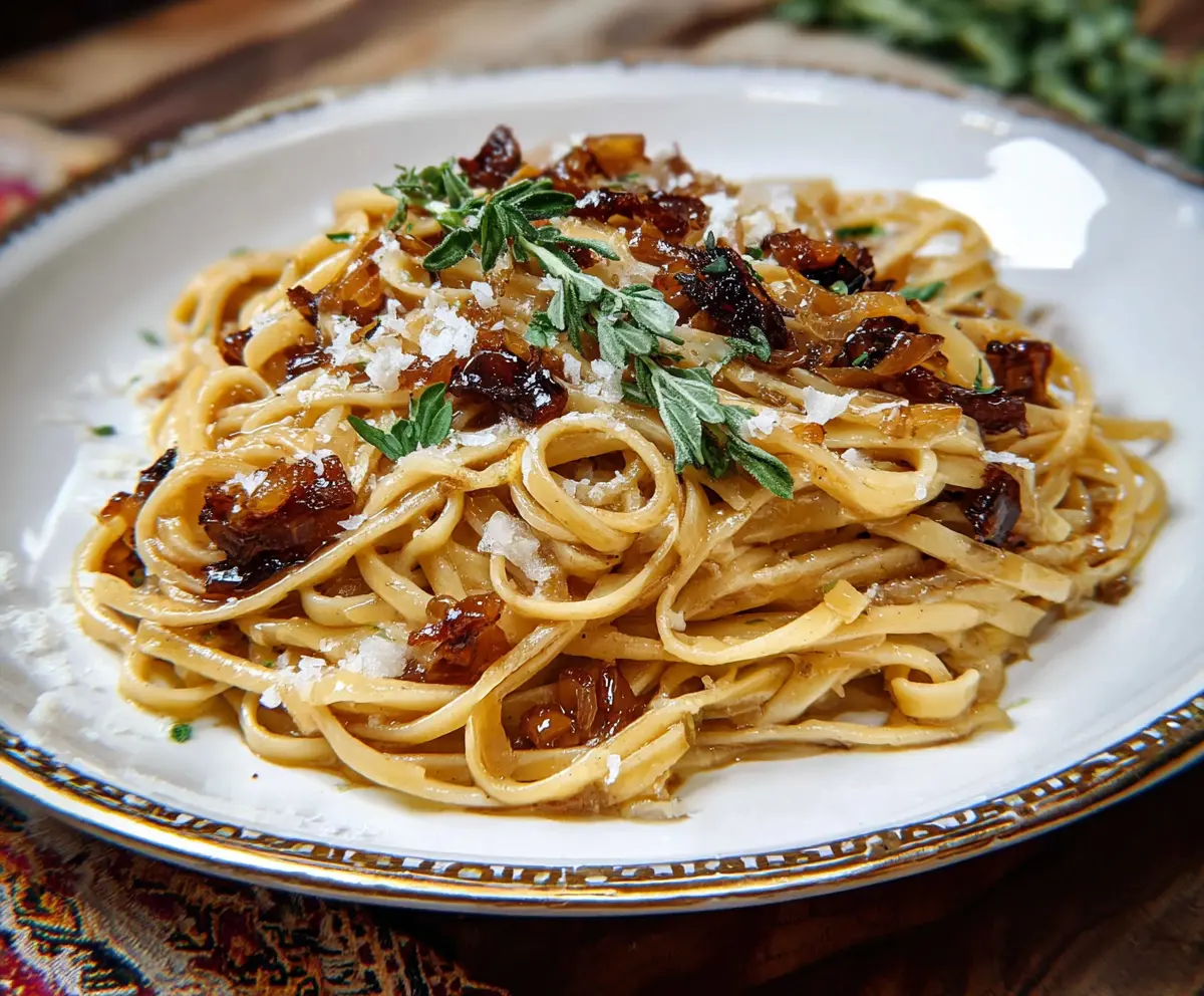 Delicious caramel onion pasta served on a white plate, garnished with herbs.