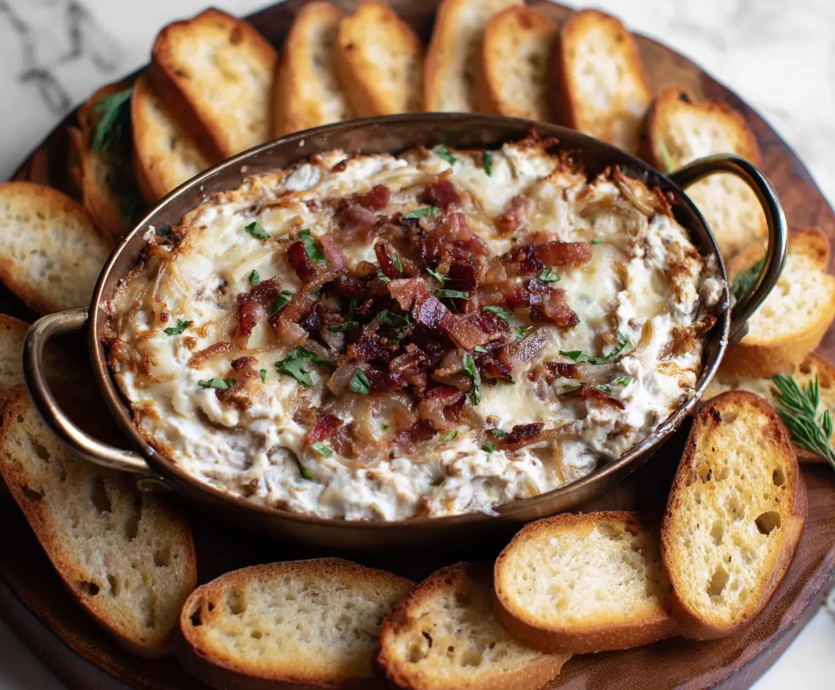 Delicious caramelized onion and bacon dip served in a bowl, perfect for party appetizers.