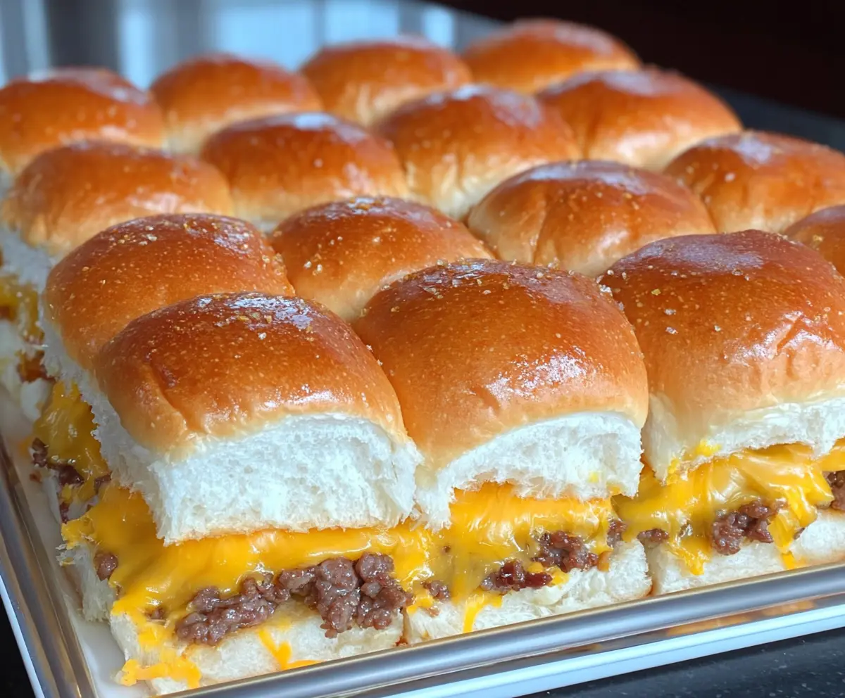 Delicious cheeseburger sliders made with Hawaiian rolls, melted cheese, and savory beef patties.