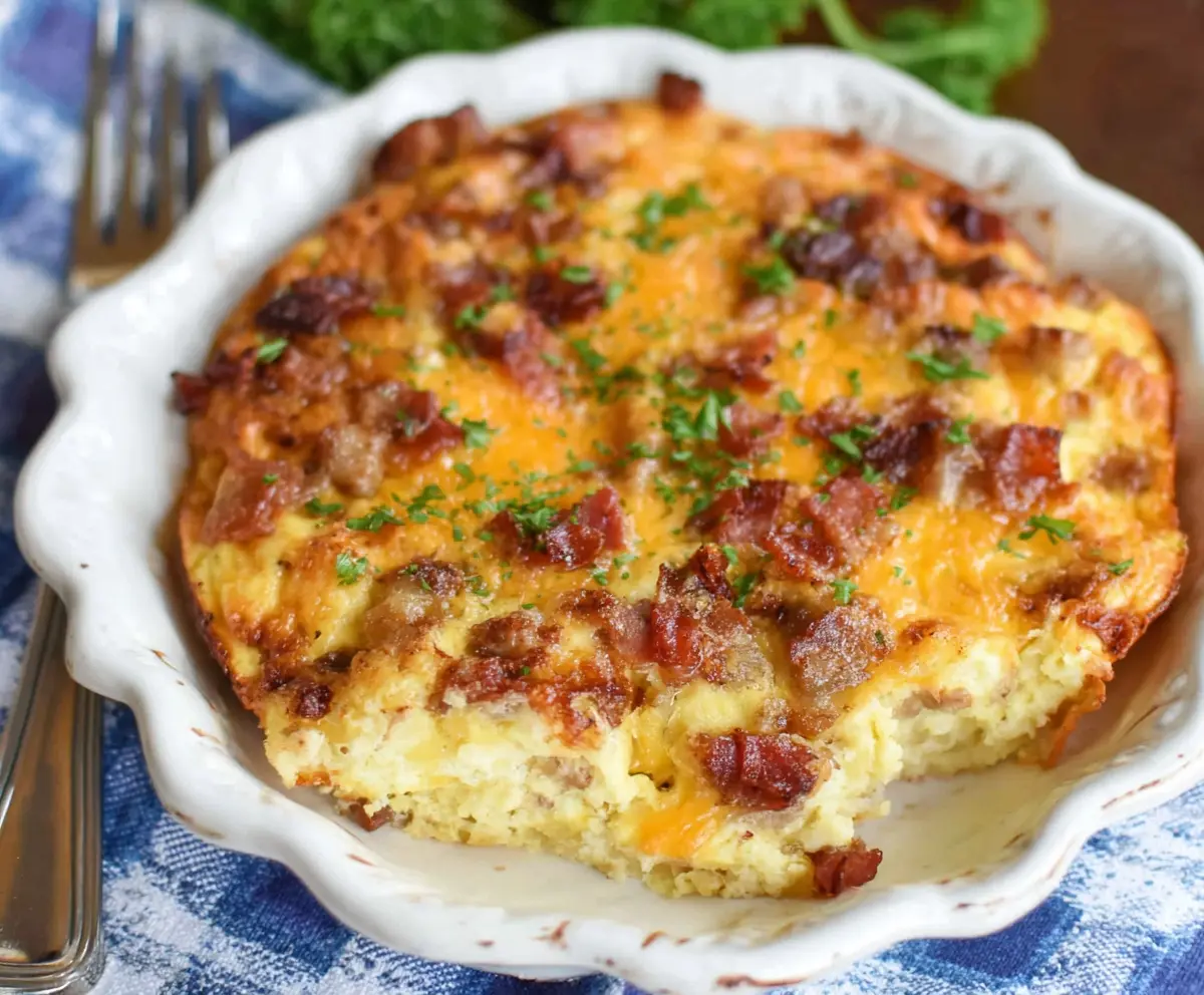 Delicious Cheesy Amish Breakfast Casserole with eggs, cheese, and breakfast meats in a baking dish.
