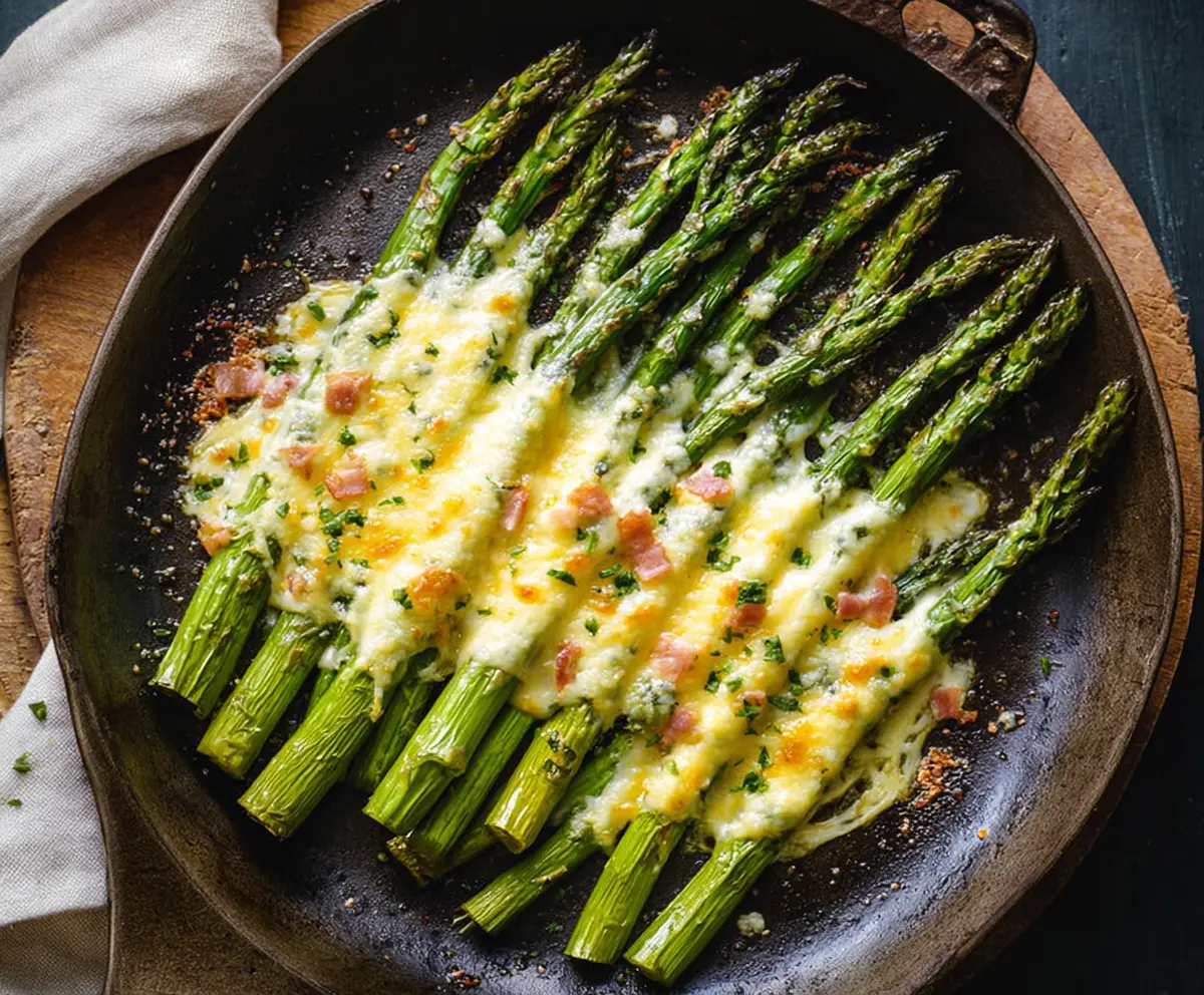 Delicious cheesy baked asparagus garnished with melted cheese and fresh herbs.
