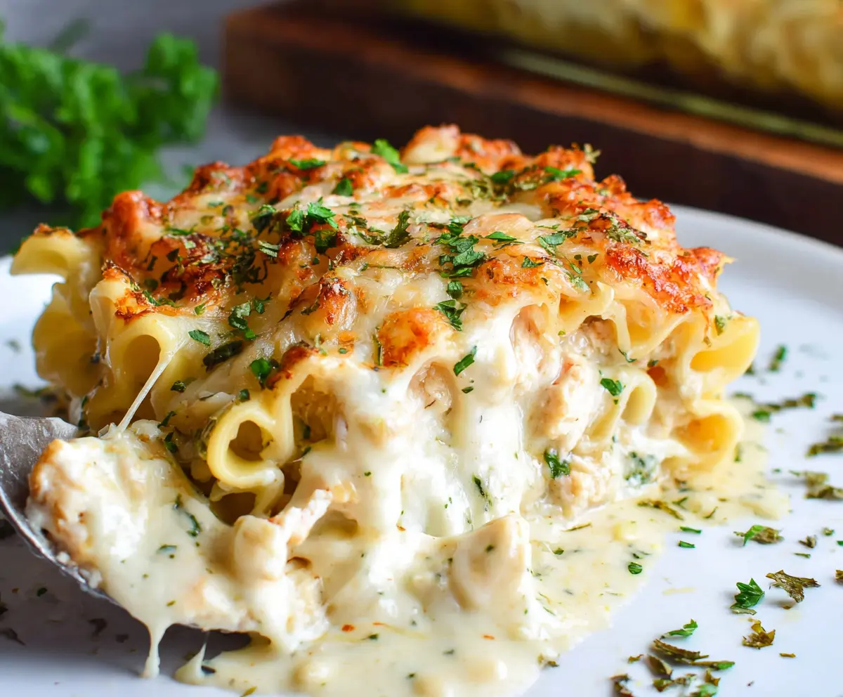 Delicious Chicken Alfredo Lasagna Rolls with creamy cheese and tender chicken in a baked dish