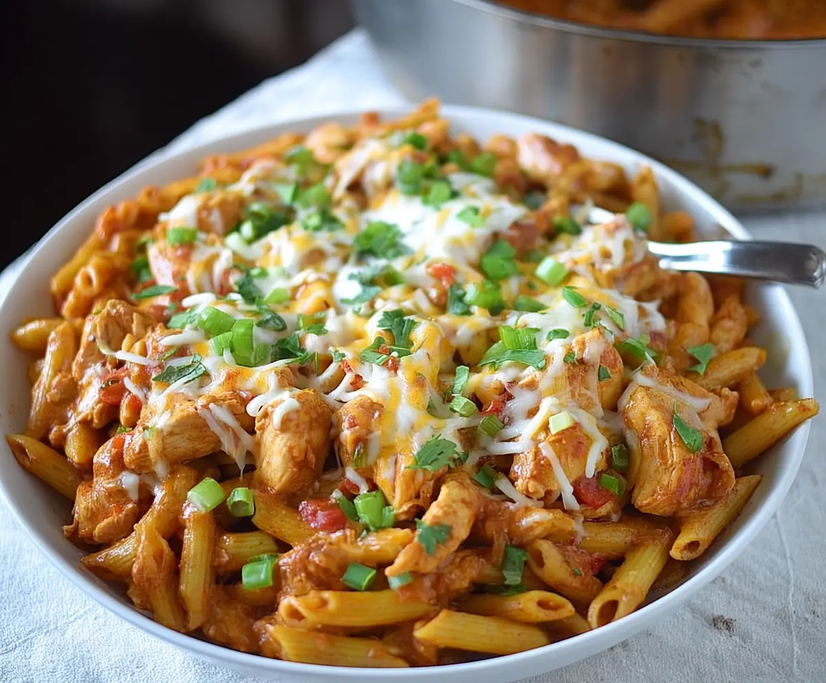 Delicious Chicken Enchilada Pasta served with melted cheese and fresh herbs.