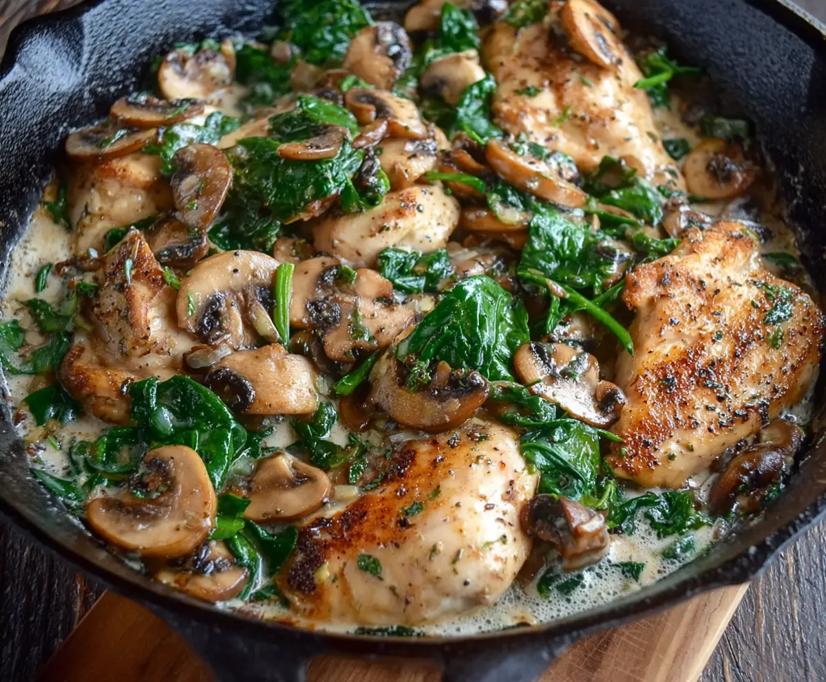 Delicious chicken mushroom spinach skillet dish served in a rustic skillet with fresh herbs.