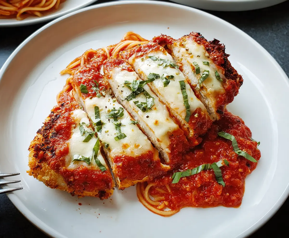 Delicious Chicken Parmesan with melted cheese and garnished herbs on a plate