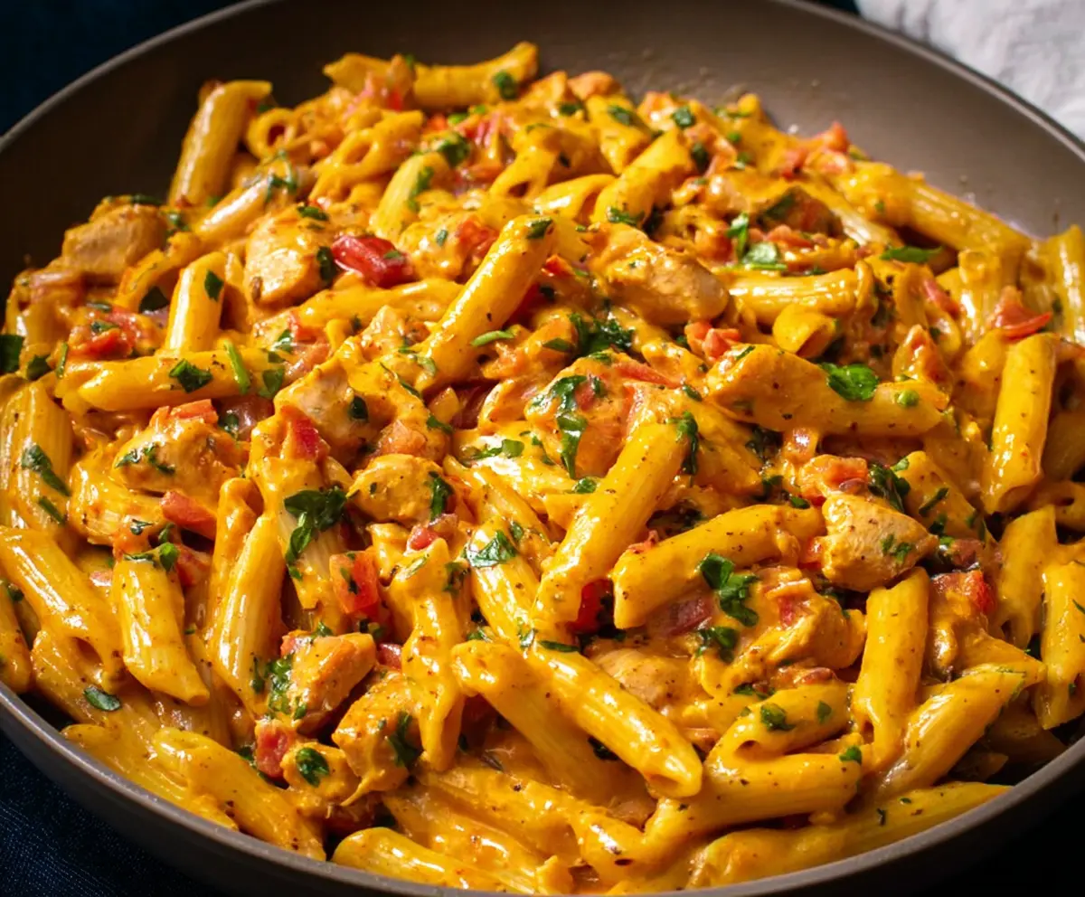 Delicious Chicken Tex Mex Pasta with vibrant peppers and melted cheese on a plate.