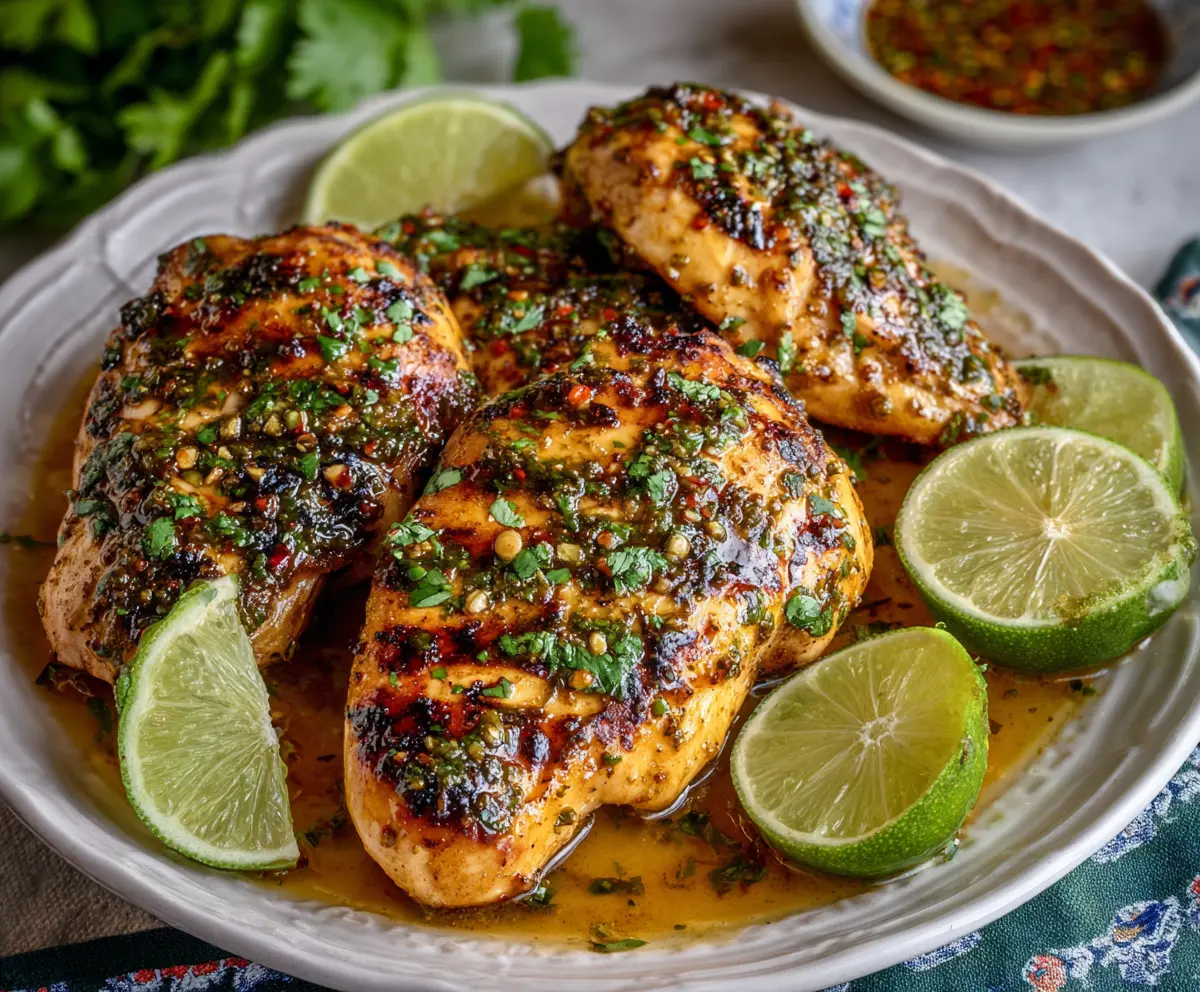 Juicy grilled chili lime chicken breasts garnished with cilantro on a white plate.