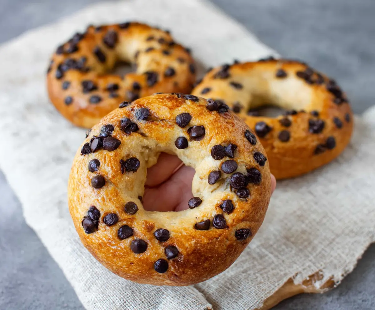 Delicious homemade chocolate chip bagels fresh out of the oven.
