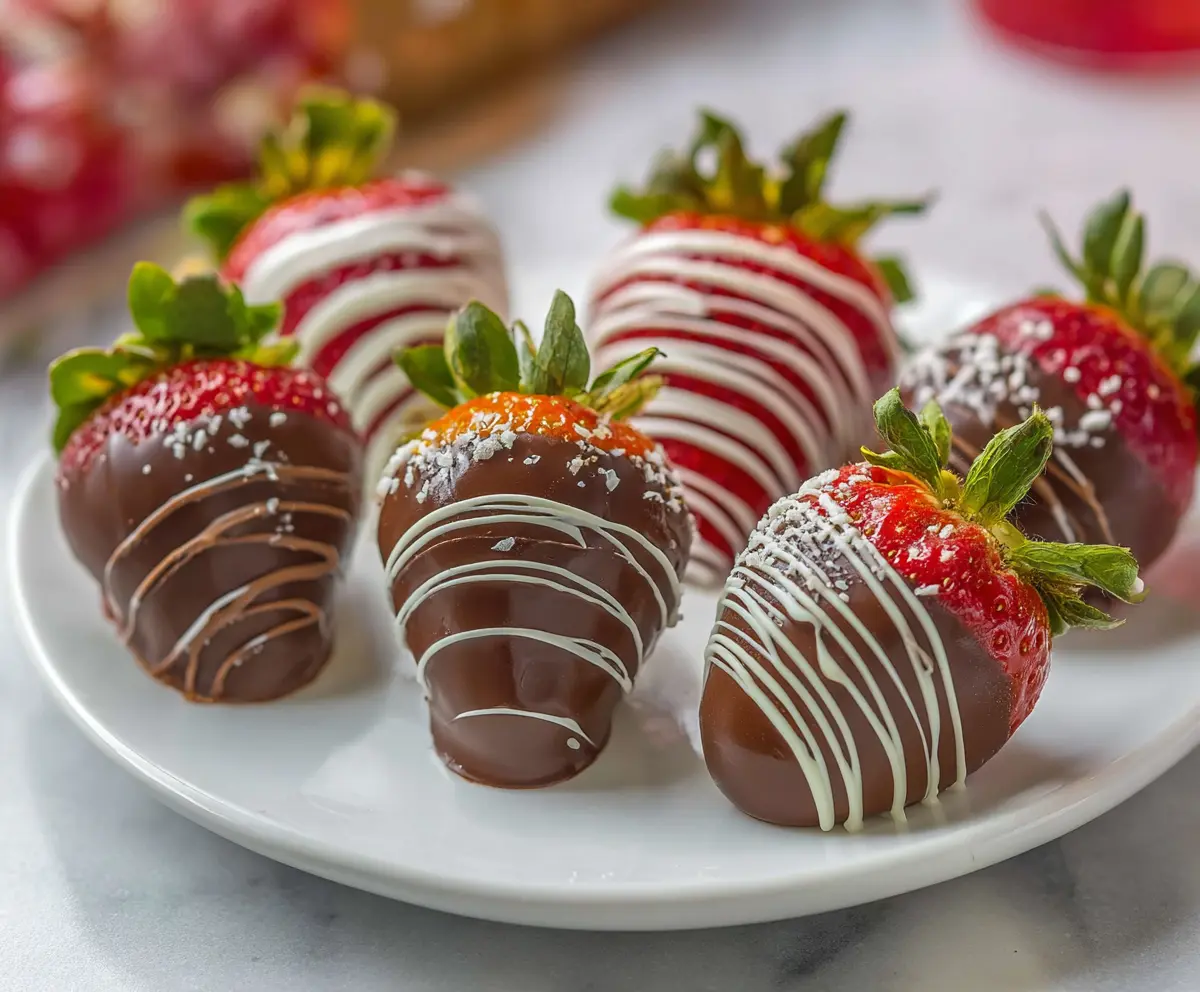 Delicious chocolate covered strawberries with glossy coating and fresh red fruit