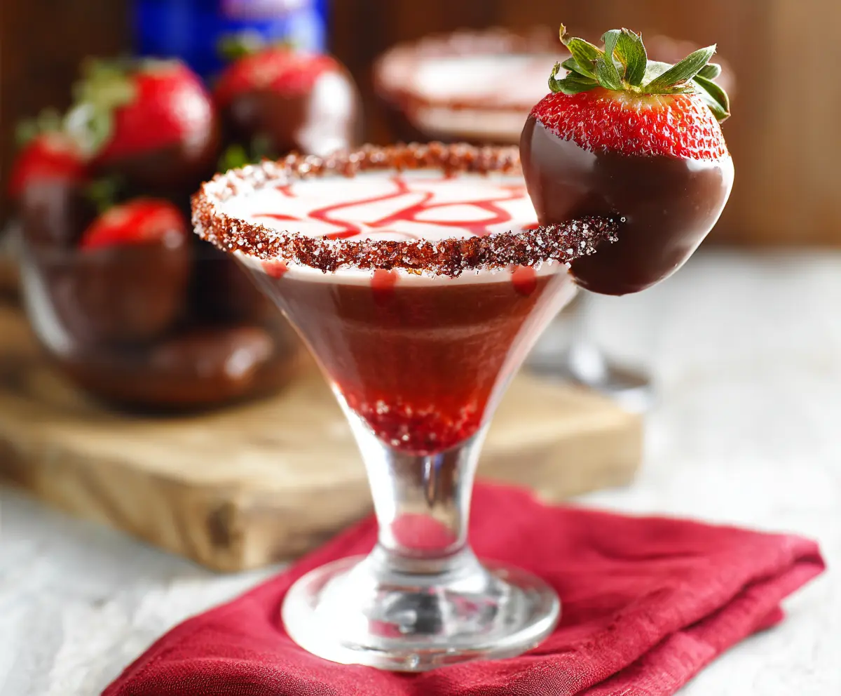 Delicious Chocolate Covered Strawberry Martini with fresh strawberries and rich chocolate glaze.
